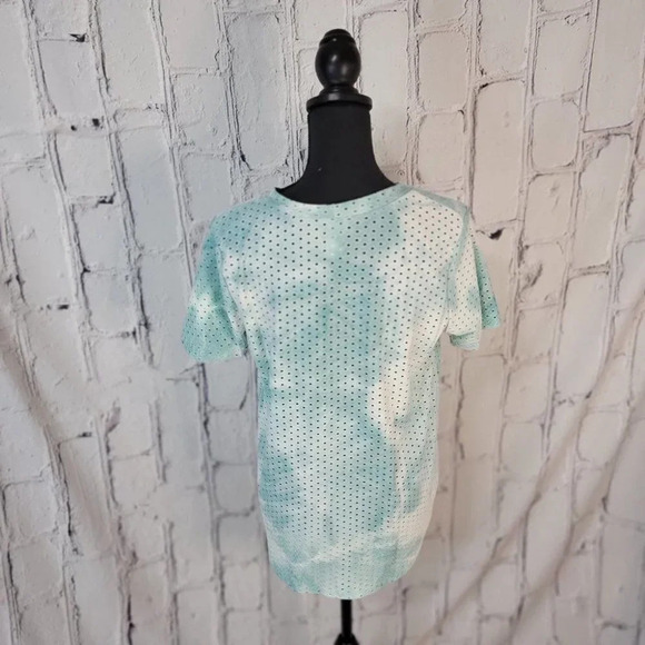 WHITE Turquoise Marble Dye Eyelet See Through Casual Short Sleeve Light Top L - Picture 4 of 6